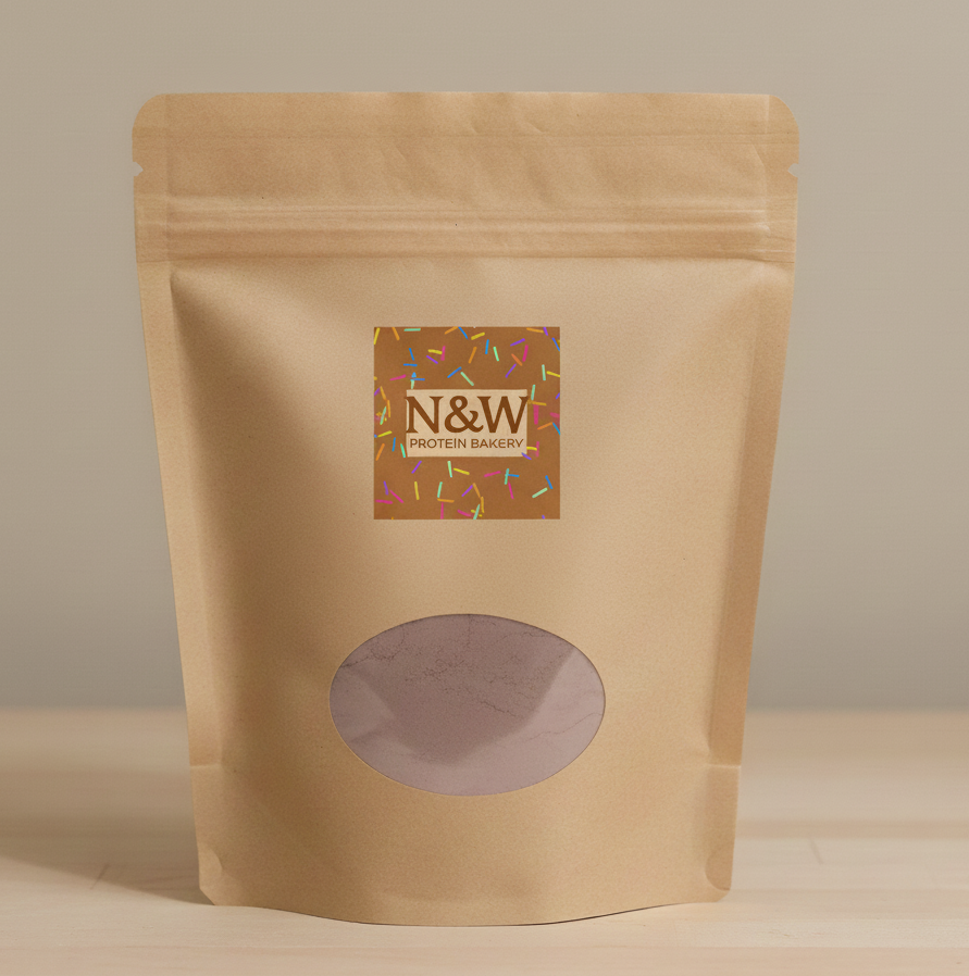 Kraft paper packaging with a window showing brown hot chocolate powder, featuring an N&W logo on a beige background.